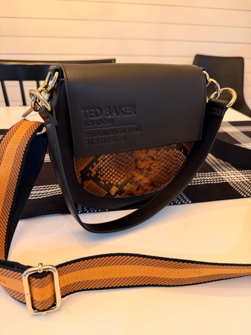 Ted Baker Black & Brown Snake-Print Flap Crossbody Bag